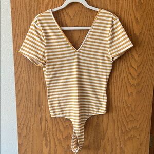 Buckle Striped V-Neck Bodysuit - Yellow and White